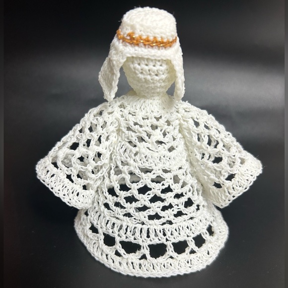 Vintage Crochet Angel Christmas Tree Topper Starched White 5” Ornament Handmade - Picture 5 of 7